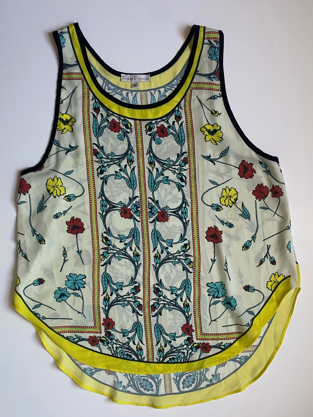 Moa Moa Floral Print Sleeveless Tank - Yellow Trim